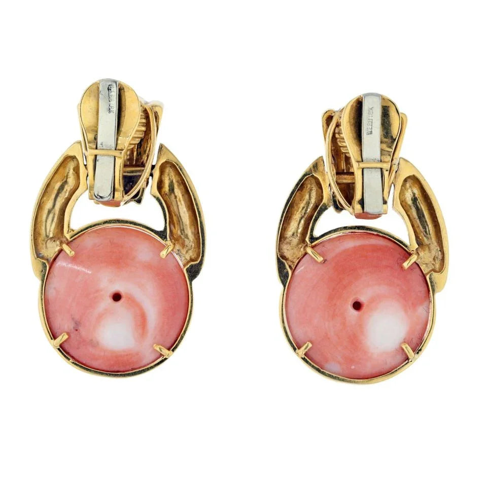 David Webb Platinum & 18K Yellow Gold Coral Button Doorknockers Earrings — view 4 — Laura Milman New York