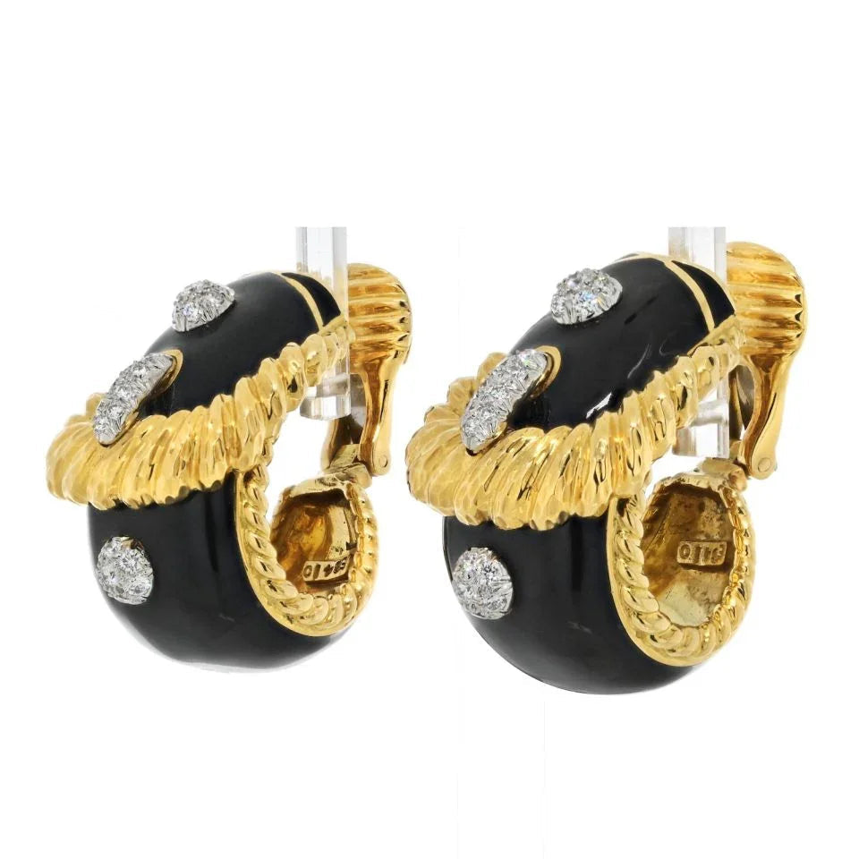 David Webb Platinum & 18K Yellow Gold Buckle Diamond Black Enamel Earrings — view 2 — Laura Milman New York