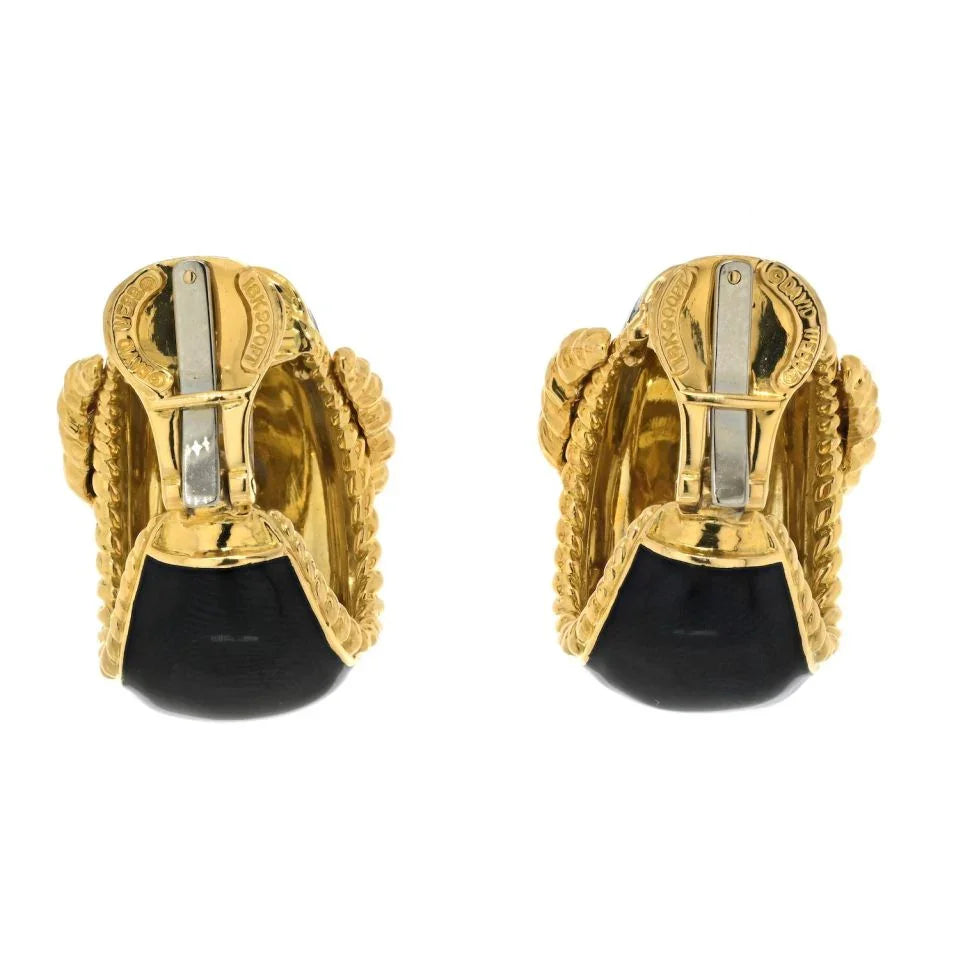 David Webb Platinum & 18K Yellow Gold Buckle Diamond Black Enamel Earrings — view 4 — Laura Milman New York