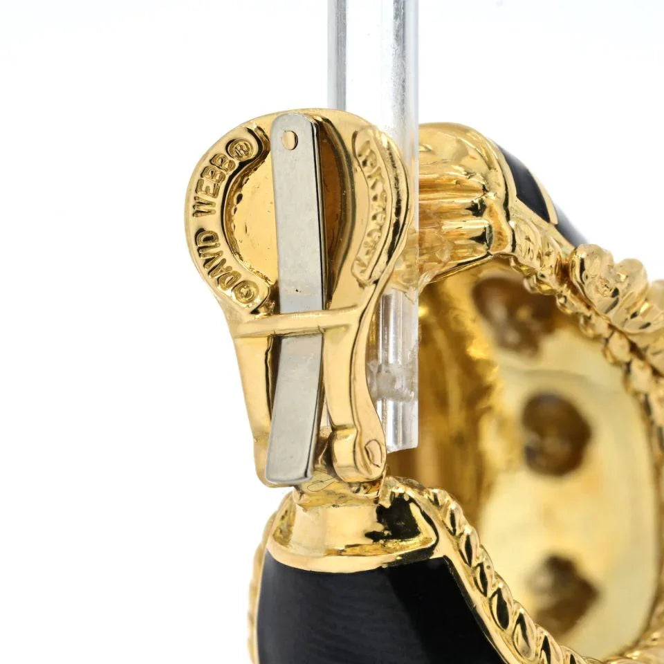 David Webb Platinum & 18K Yellow Gold Buckle Diamond Black Enamel Earrings — view 5 — Laura Milman New York