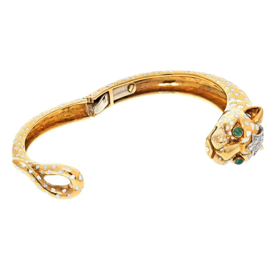 David Webb Platinum & 18K Yellow Gold White Spotted Panthere Cuff Bangle Bracelet — view 2 — Laura Milman New York