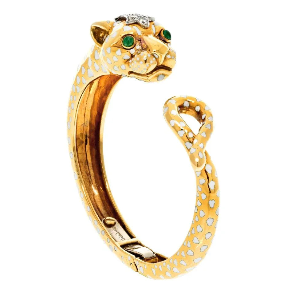 David Webb Platinum & 18K Yellow Gold White Spotted Panthere Cuff Bangle Bracelet — view 3 — Laura Milman New York