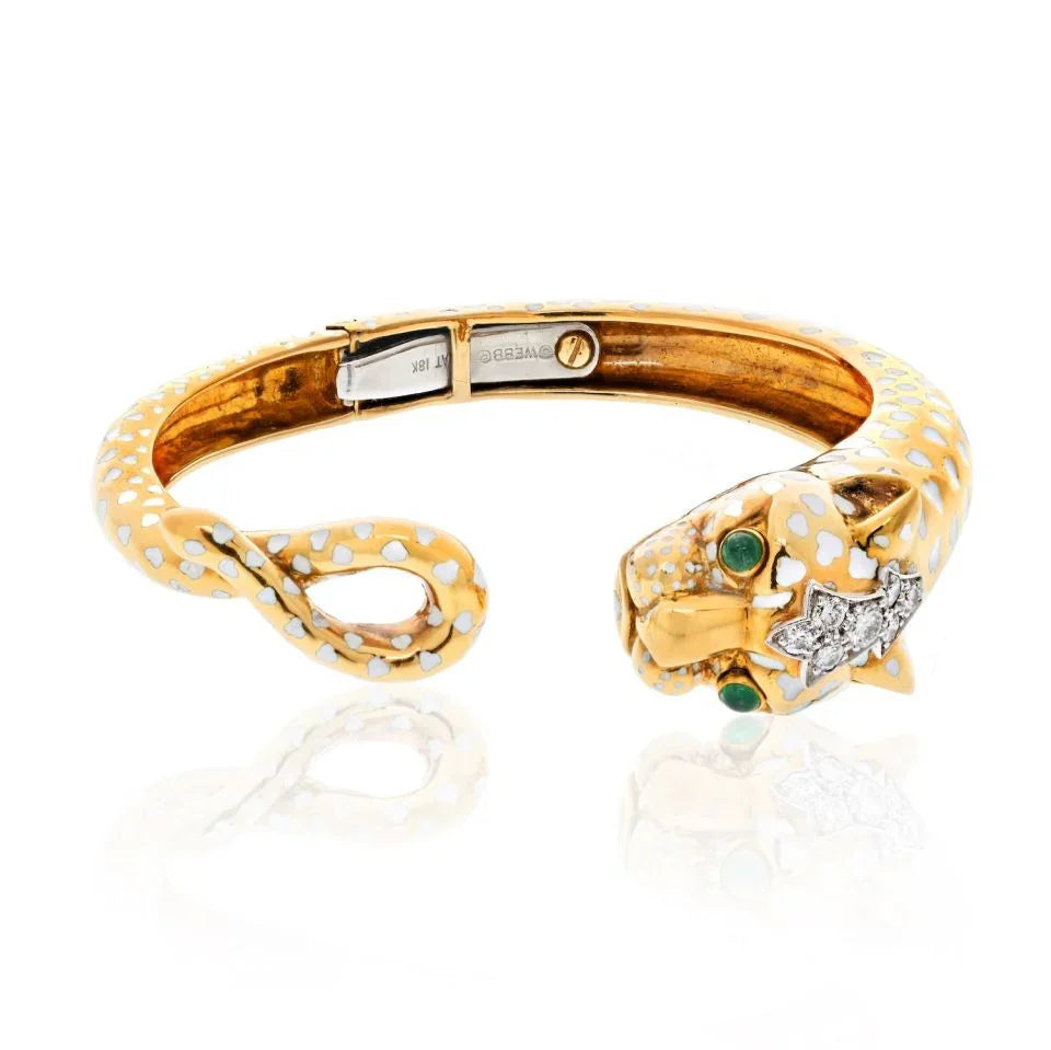 David Webb Platinum & 18K Yellow Gold White Spotted Panthere Cuff Bangle Bracelet — Laura Milman New York