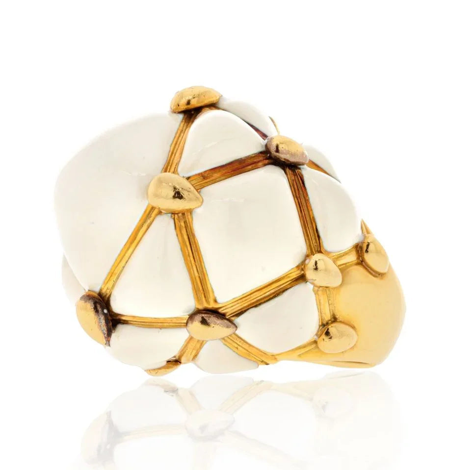 David Webb Platinum & 18K Yellow Gold Dome Off White Enamel Cream Criss Cross Cocktail Ring — Laura Milman New York