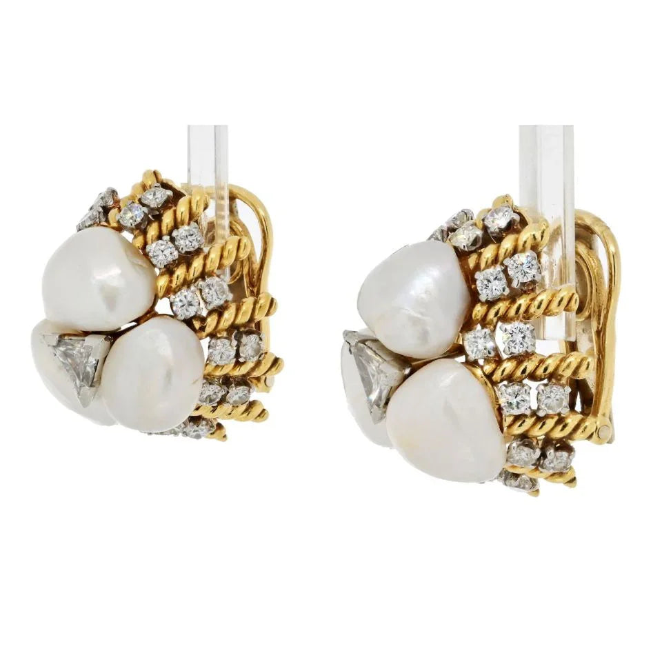 David Webb Platinum & 18K Yellow Gold Diamond, Pearl, Dome Style Clip On Earrings — view 2 — Laura Milman New York