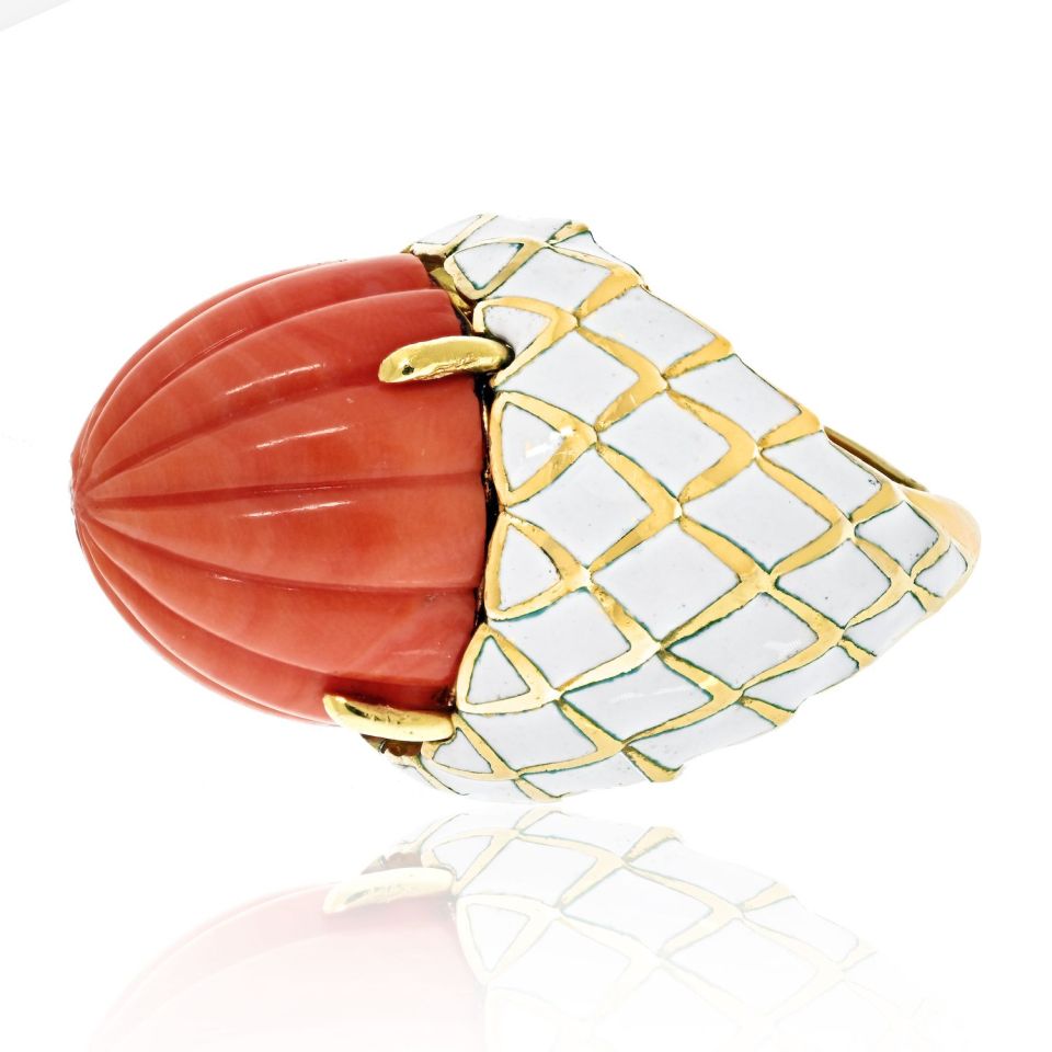 David Webb Bombe Platinum & 18K Yellow Gold Carved Coral White Enamel Ring — view 2 — Laura Milman New York