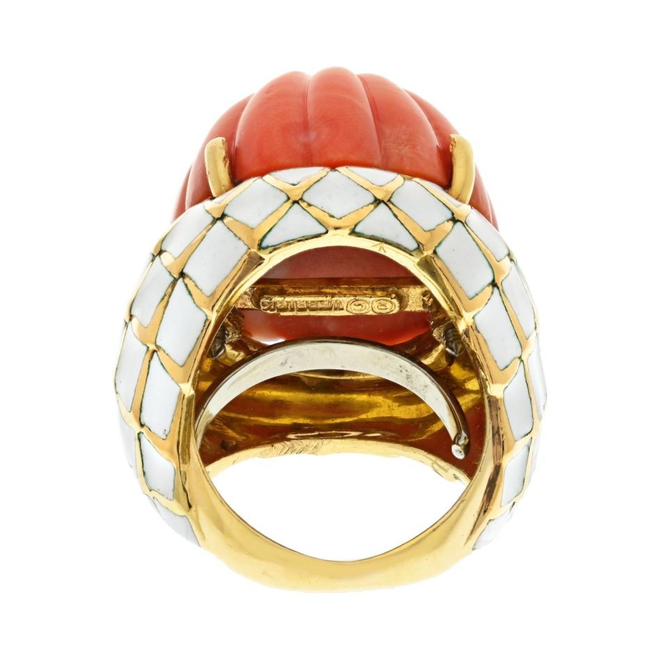 David Webb Bombe Platinum & 18K Yellow Gold Carved Coral White Enamel Ring — view 4 — Laura Milman New York