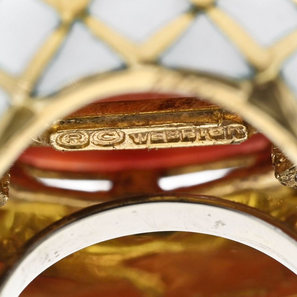 David Webb Bombe Platinum & 18K Yellow Gold Carved Coral White Enamel Ring — view 5 — Laura Milman New York