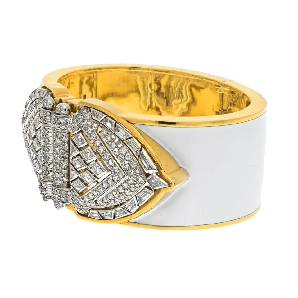 David Webb Platinum & 18K Yellow Gold White Enamel Shield Diamond Clips Cuff Bracelet — view 2 — Laura Milman New York