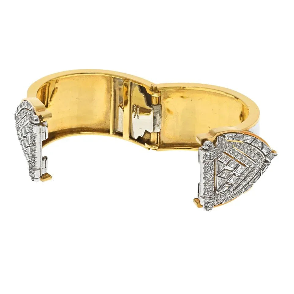 David Webb Platinum & 18K Yellow Gold White Enamel Shield Diamond Clips Cuff Bracelet — view 4 — Laura Milman New York