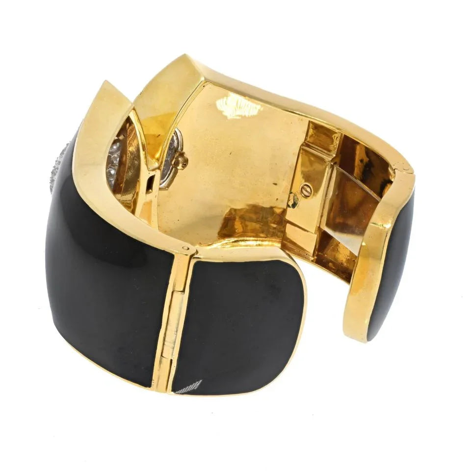 David Webb Platinum & 18K Yellow Gold Princess Lilian Black Enamel Diamond Cuff Bracelet — view 3 — Laura Milman New York