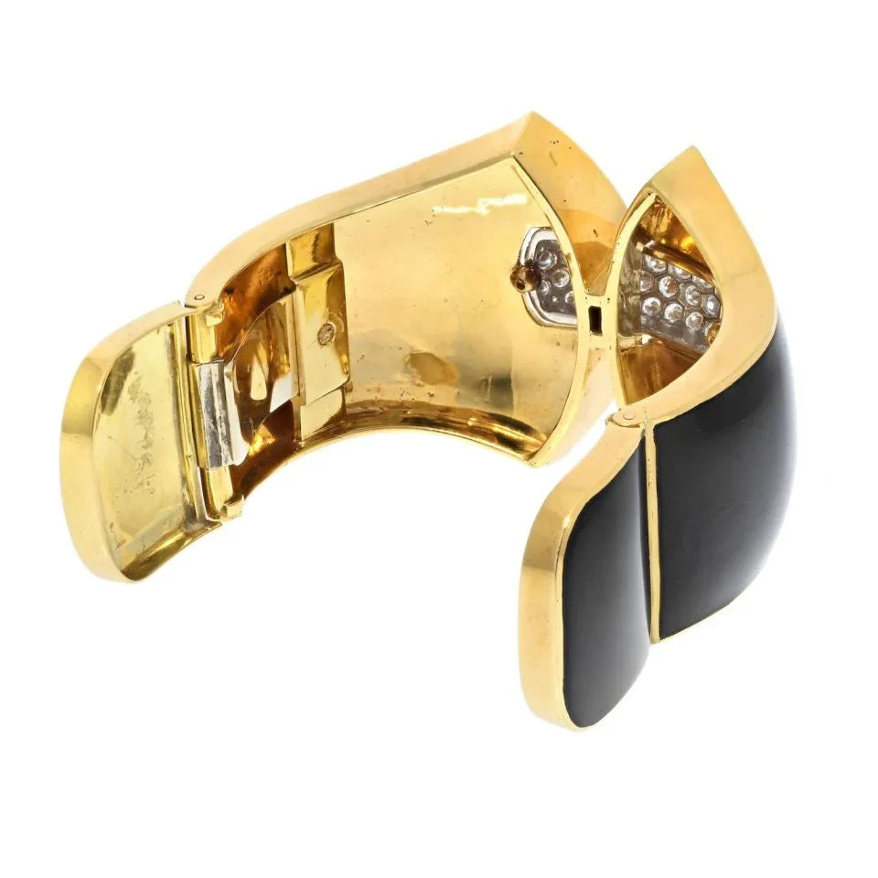 David Webb Platinum & 18K Yellow Gold Princess Lilian Black Enamel Diamond Cuff Bracelet — view 4 — Laura Milman New York