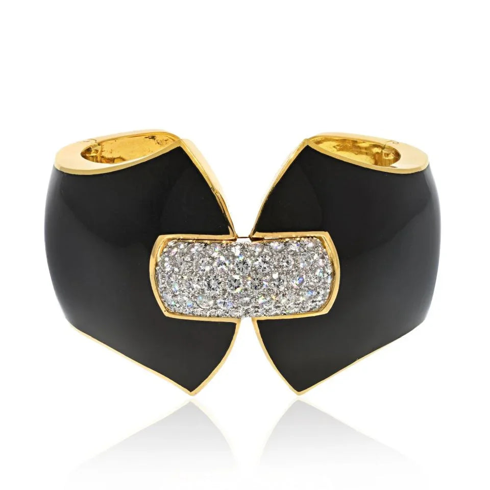 David Webb Platinum & 18K Yellow Gold Princess Lilian Black Enamel Diamond Cuff Bracelet — Laura Milman New York