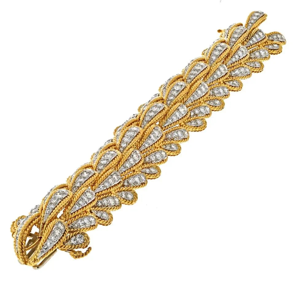 David Webb Platinum & 18K Yellow Gold 15.00cttw Bombe Diamond Leaf Motif Bracelet — view 3 — Laura Milman New York