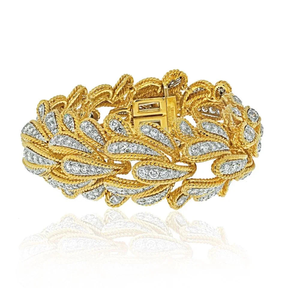 David Webb Platinum & 18K Yellow Gold 15.00cttw Bombe Diamond Leaf Motif Bracelet — Laura Milman New York