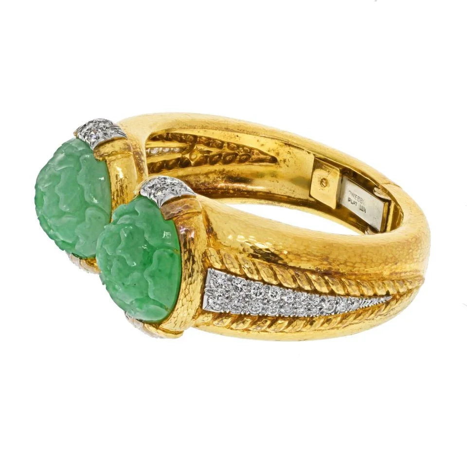 David Webb Platinum & 18ky Carved Jade Hammered Gold Diamond Cuff Bracelet — view 2 — Laura Milman New York