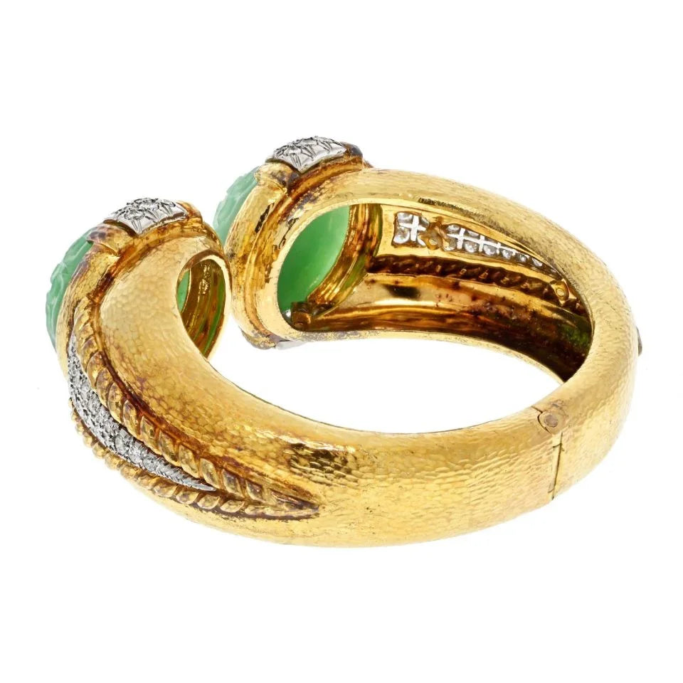 David Webb Platinum & 18ky Carved Jade Hammered Gold Diamond Cuff Bracelet — view 3 — Laura Milman New York