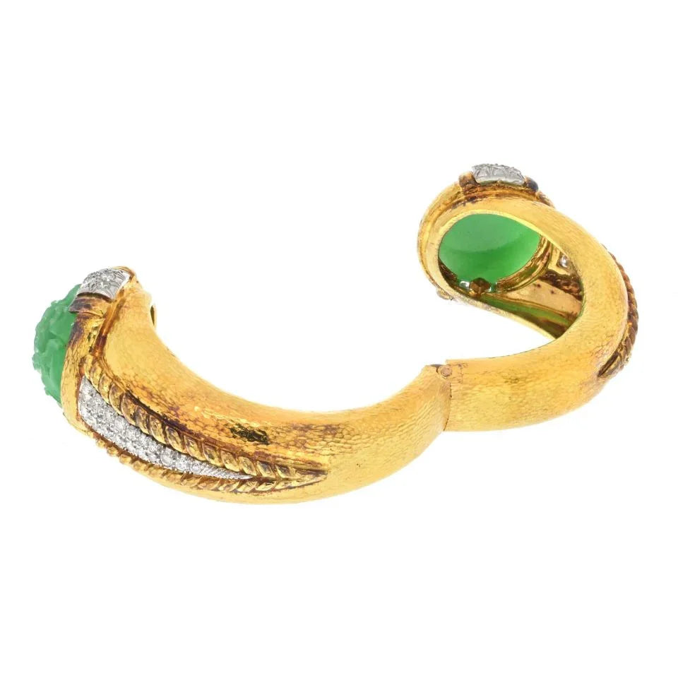 David Webb Platinum & 18ky Carved Jade Hammered Gold Diamond Cuff Bracelet — view 4 — Laura Milman New York