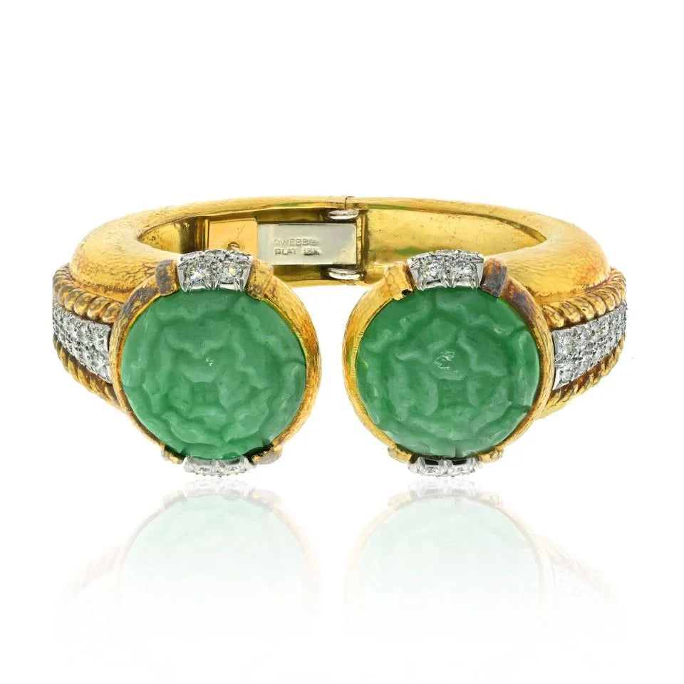 David Webb Platinum & 18ky Carved Jade Hammered Gold Diamond Cuff Bracelet — Laura Milman New York