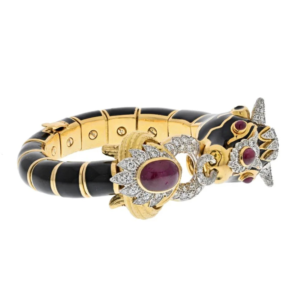 David Webb Platinum & 18K Yellow Gold Black Enamel Red Ruby Diamond Bull Bracelet — view 2 — Laura Milman New York