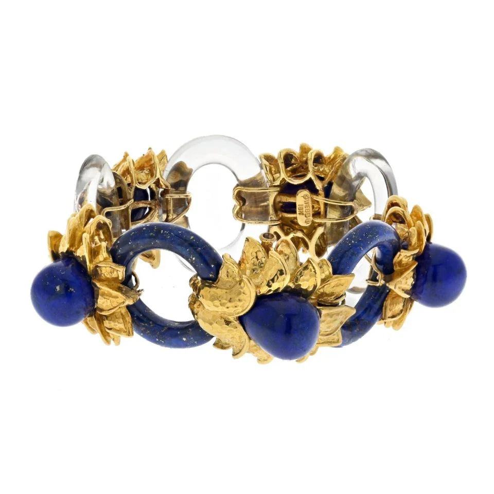 David Webb Platinum & 18K Yellow Gold Rock Crystal Lapis Floral Style Bracelet — view 2 — Laura Milman New York