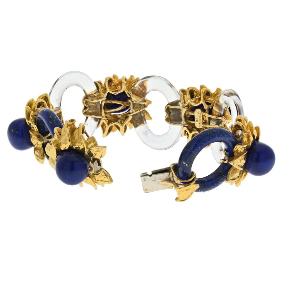 David Webb Platinum & 18K Yellow Gold Rock Crystal Lapis Floral Style Bracelet — view 3 — Laura Milman New York