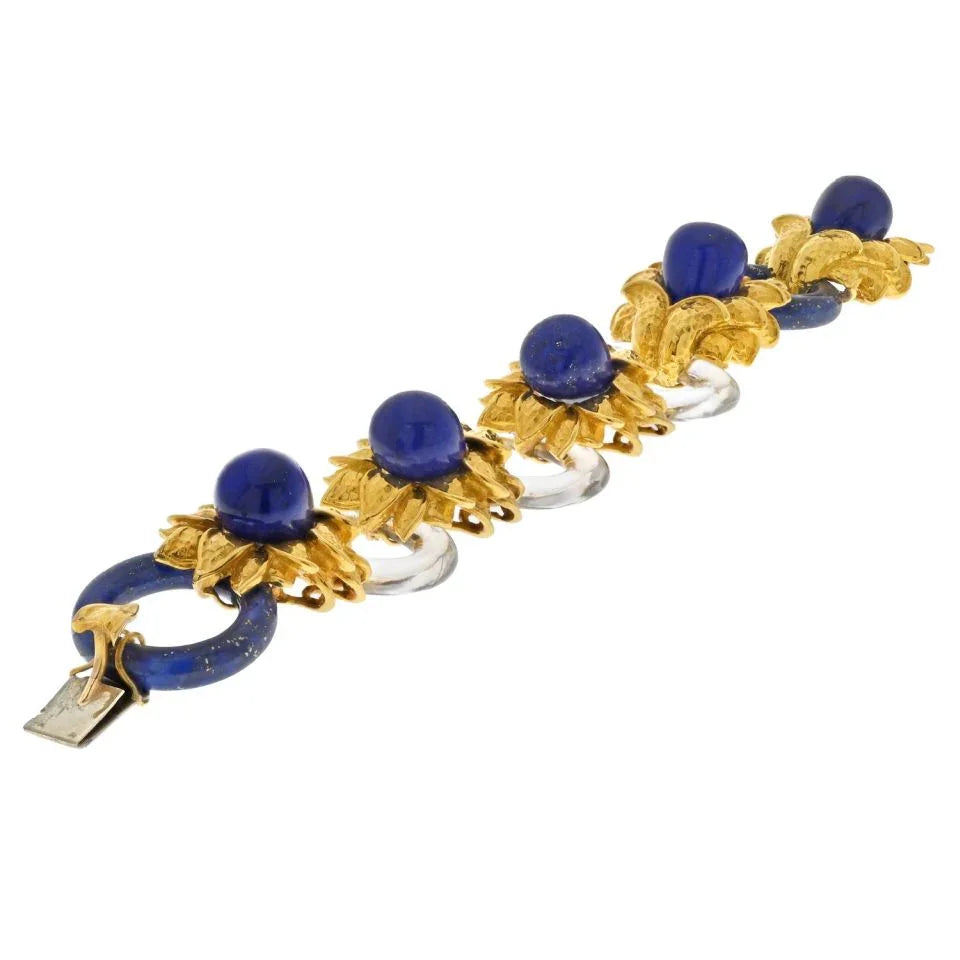 David Webb Platinum & 18K Yellow Gold Rock Crystal Lapis Floral Style Bracelet — view 4 — Laura Milman New York