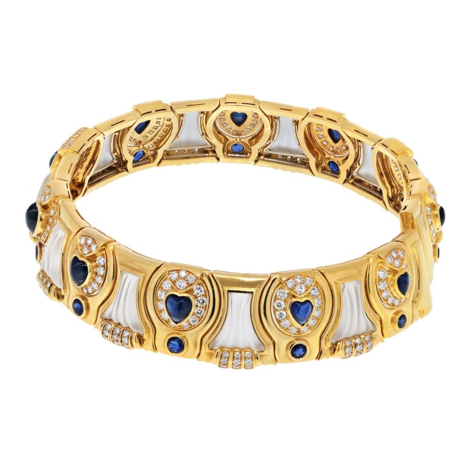 David Webb Collar Platinum & 18K Yellow Gold Diamond Sapphire Rock Crystal Choker Necklace — view 3 — Laura Milman New York