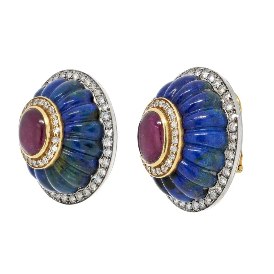 David Webb Platinum & 18K Yellow Gold Carved Azurmalachite, Diamond, Ruby Clip Earrings — view 2 — Laura Milman New York