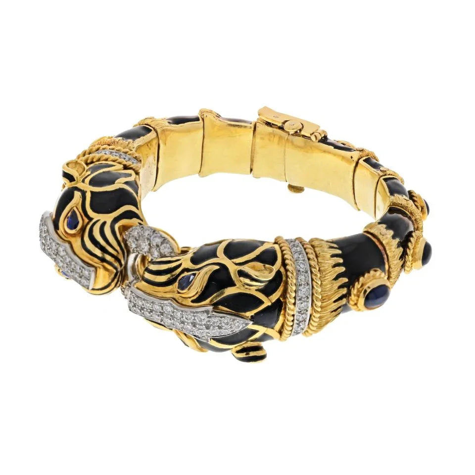 David Webb Platinum & 18K Yellow Gold Double Lion Black Enamel Sapphire Eyes Diamonds Bracelet — view 2 — Laura Milman New York