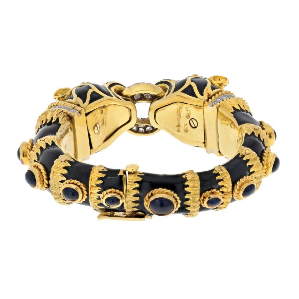 David Webb Platinum & 18K Yellow Gold Double Lion Black Enamel Sapphire Eyes Diamonds Bracelet — view 4 — Laura Milman New York