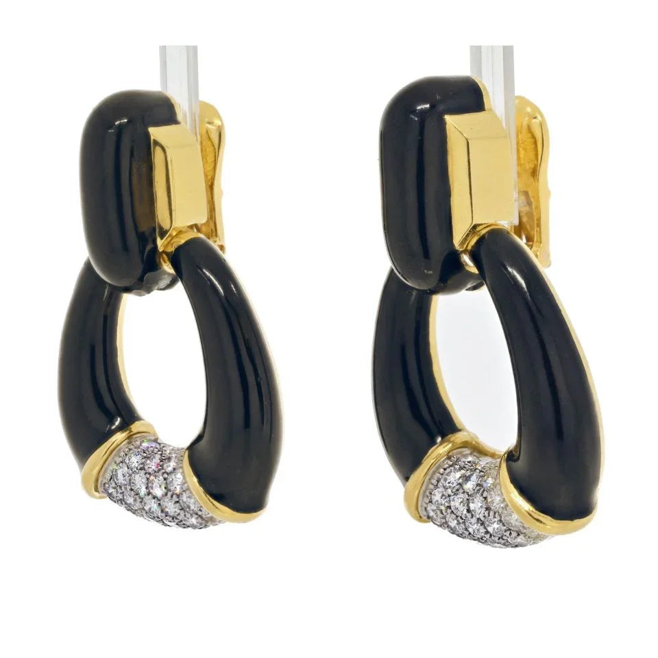 David Webb Platinum & 18K Yellow Gold Black Enamel, Diamonds, Door Knocker Earrings — view 2 — Laura Milman New York