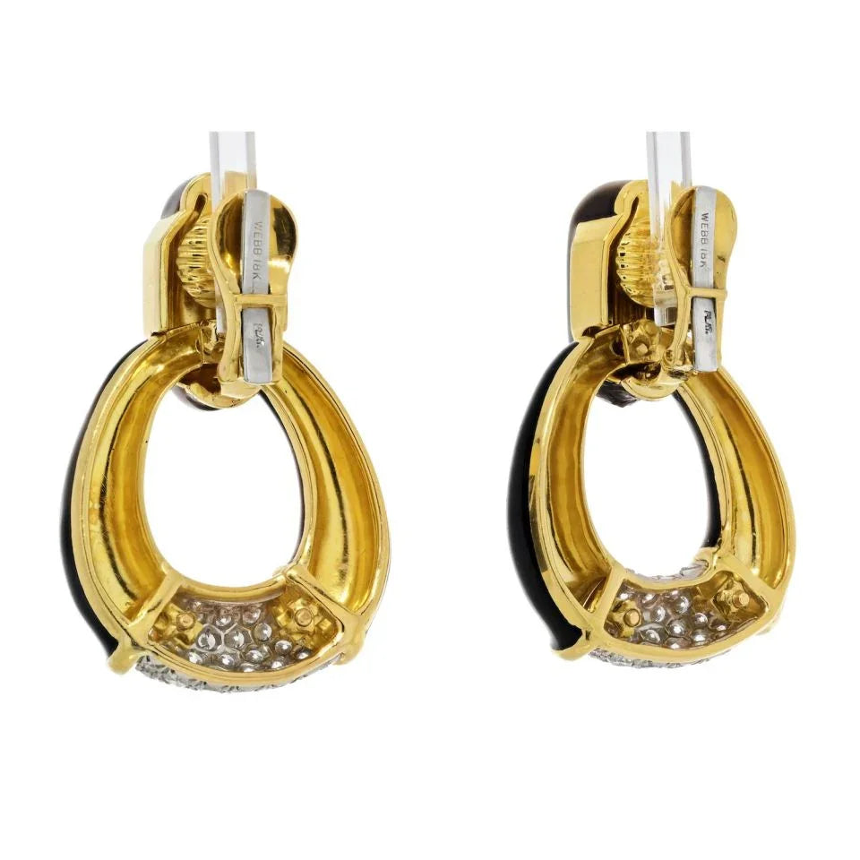 David Webb Platinum & 18K Yellow Gold Black Enamel, Diamonds, Door Knocker Earrings — view 3 — Laura Milman New York
