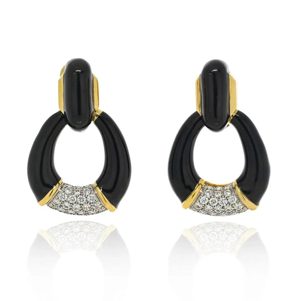 David Webb Platinum & 18K Yellow Gold Black Enamel, Diamonds, Door Knocker Earrings — Laura Milman New York