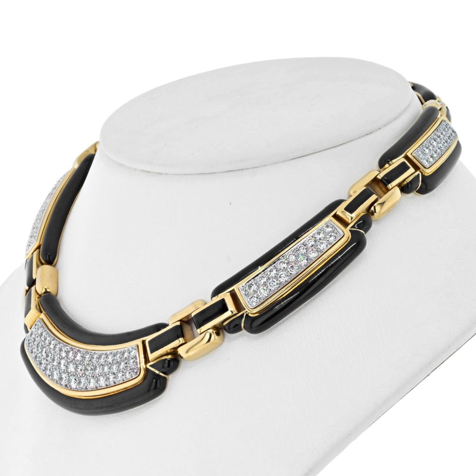 David Webb Collar Platinum & 18K Yellow Gold Black Enamel Diamond Collar 9.00cttw Necklace — view 2 — Laura Milman New York
