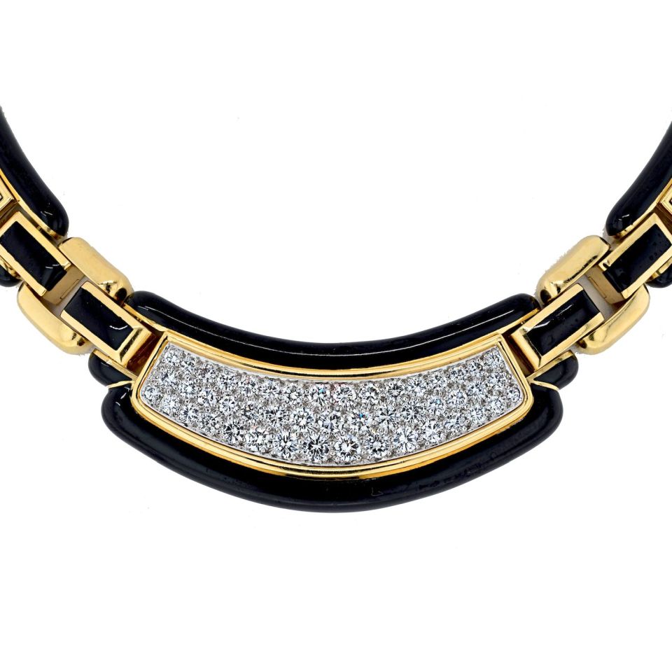 David Webb Collar Platinum & 18K Yellow Gold Black Enamel Diamond Collar 9.00cttw Necklace — view 3 — Laura Milman New York