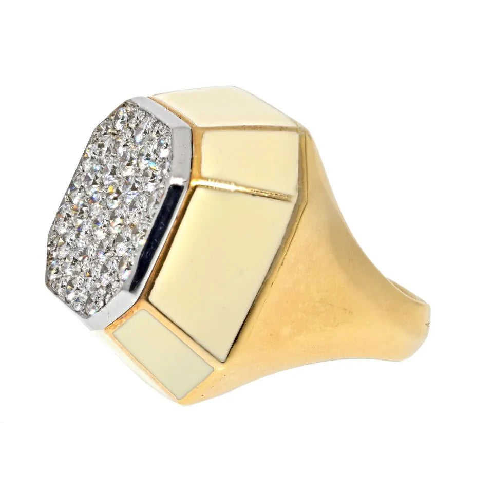 David Webb Platinum & 18K Yellow Gold Diamond Octagon Cluster Cocktail Cream Enamel Ring — view 2 — Laura Milman New York