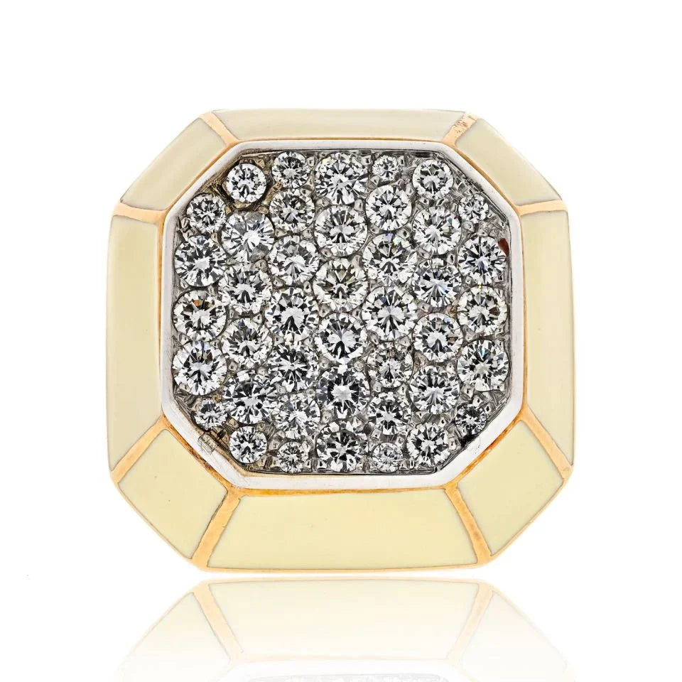 David Webb Platinum & 18K Yellow Gold Diamond Octagon Cluster Cocktail Cream Enamel Ring — Laura Milman New York