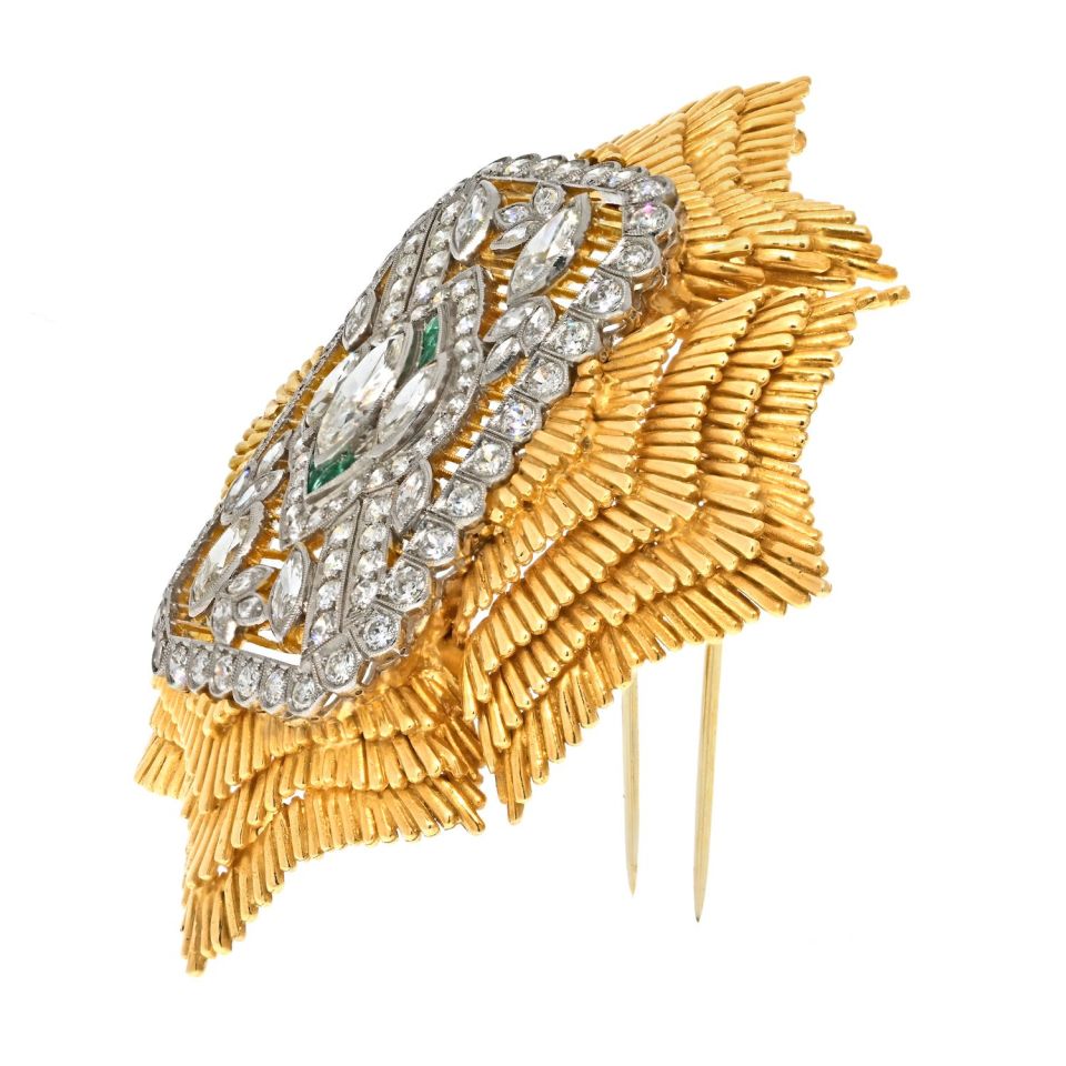 David Webb Platinum & 18K Yellow Gold Maltese Diamond And Emerald Brooch — view 2 — Laura Milman New York