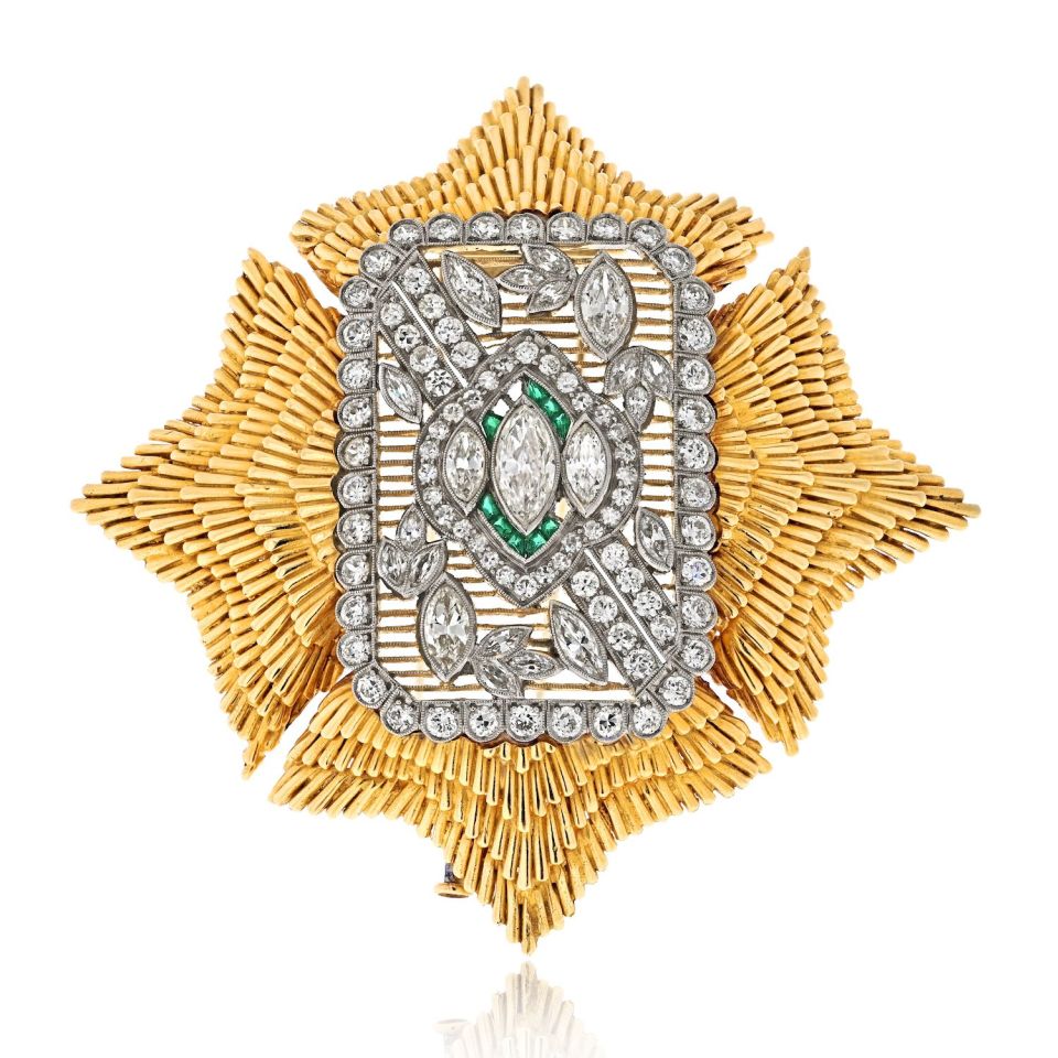 David Webb Platinum & 18K Yellow Gold Maltese Diamond And Emerald Brooch — Laura Milman New York