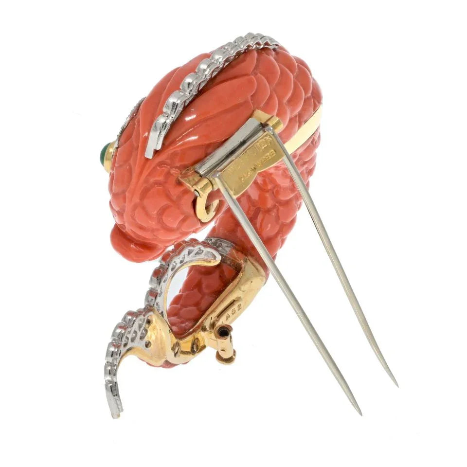 David Webb Platinum Carved Coral Dolphin Clip Brooch — view 3 — Laura Milman New York