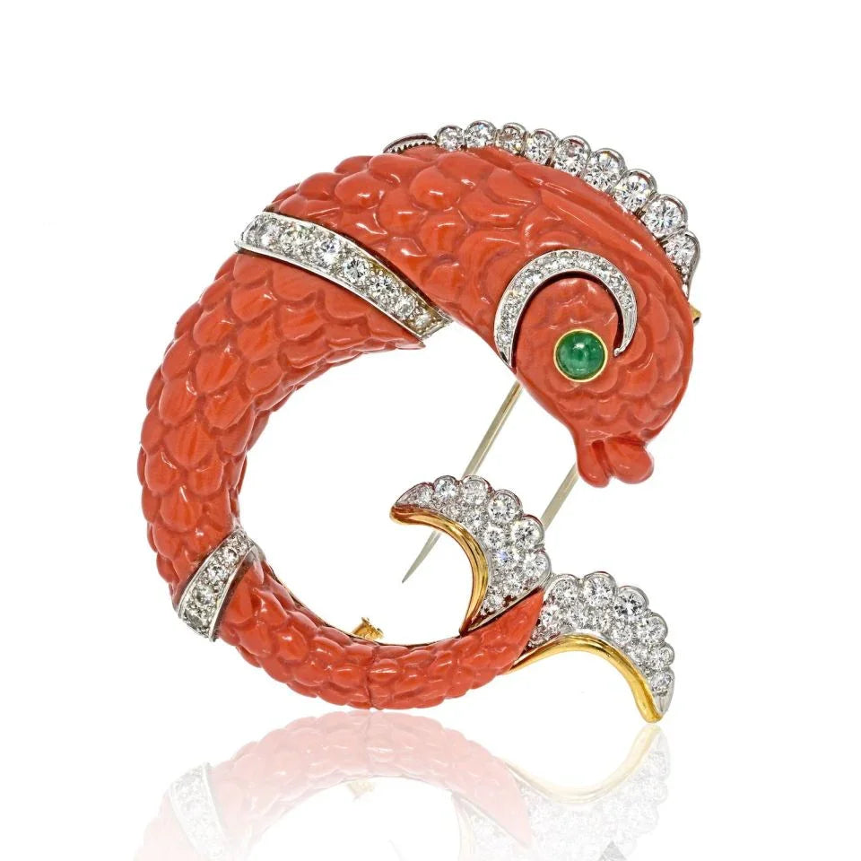 David Webb Platinum Carved Coral Dolphin Clip Brooch — Laura Milman New York