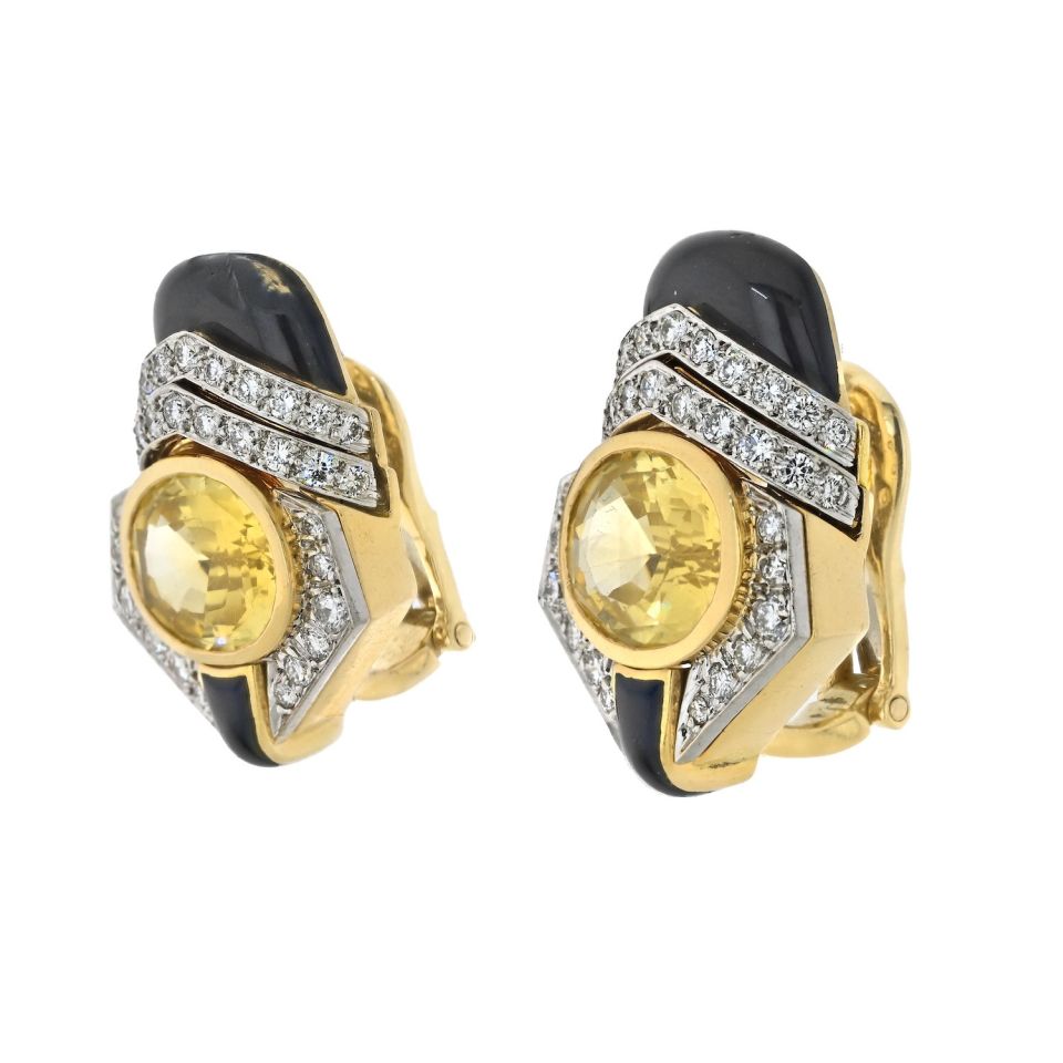 David Webb Platinum & 18K Yellow Gold Oval Cut Yellow Sapphire, Black Enamel And Diamond Earrings — view 2 — Laura Milman New York