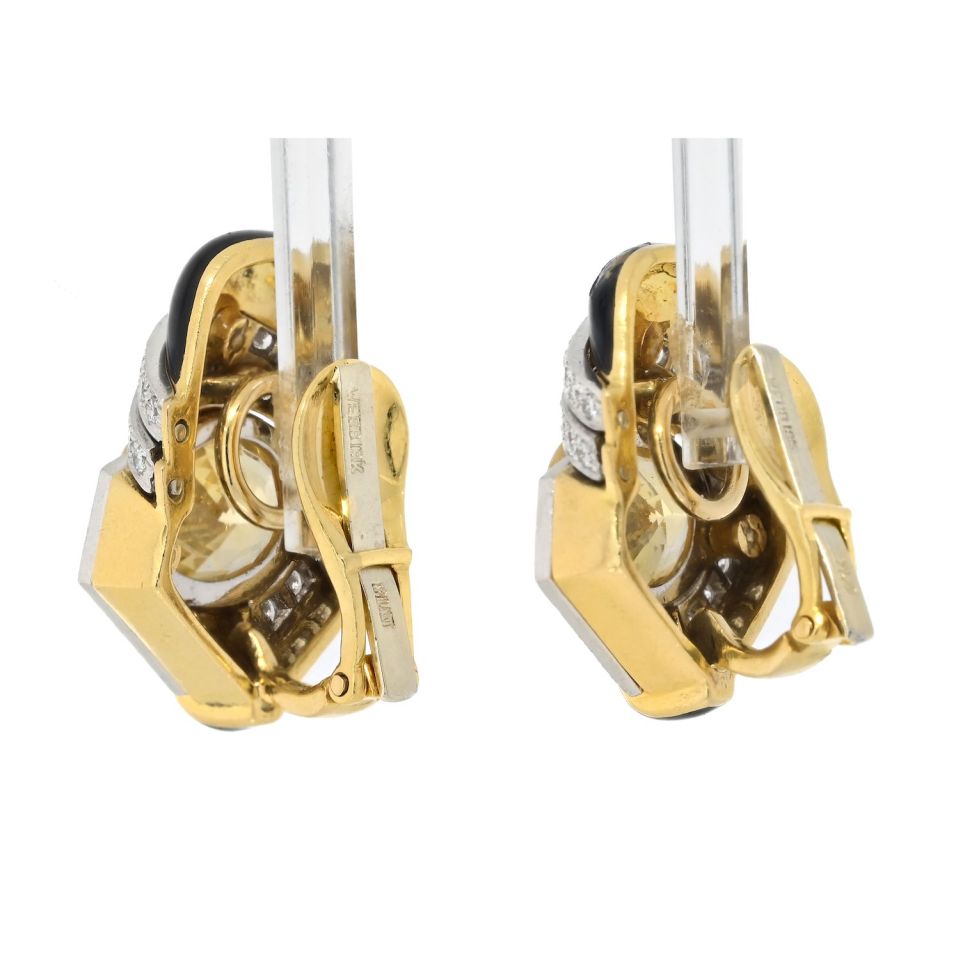 David Webb Platinum & 18K Yellow Gold Oval Cut Yellow Sapphire, Black Enamel And Diamond Earrings — view 3 — Laura Milman New York