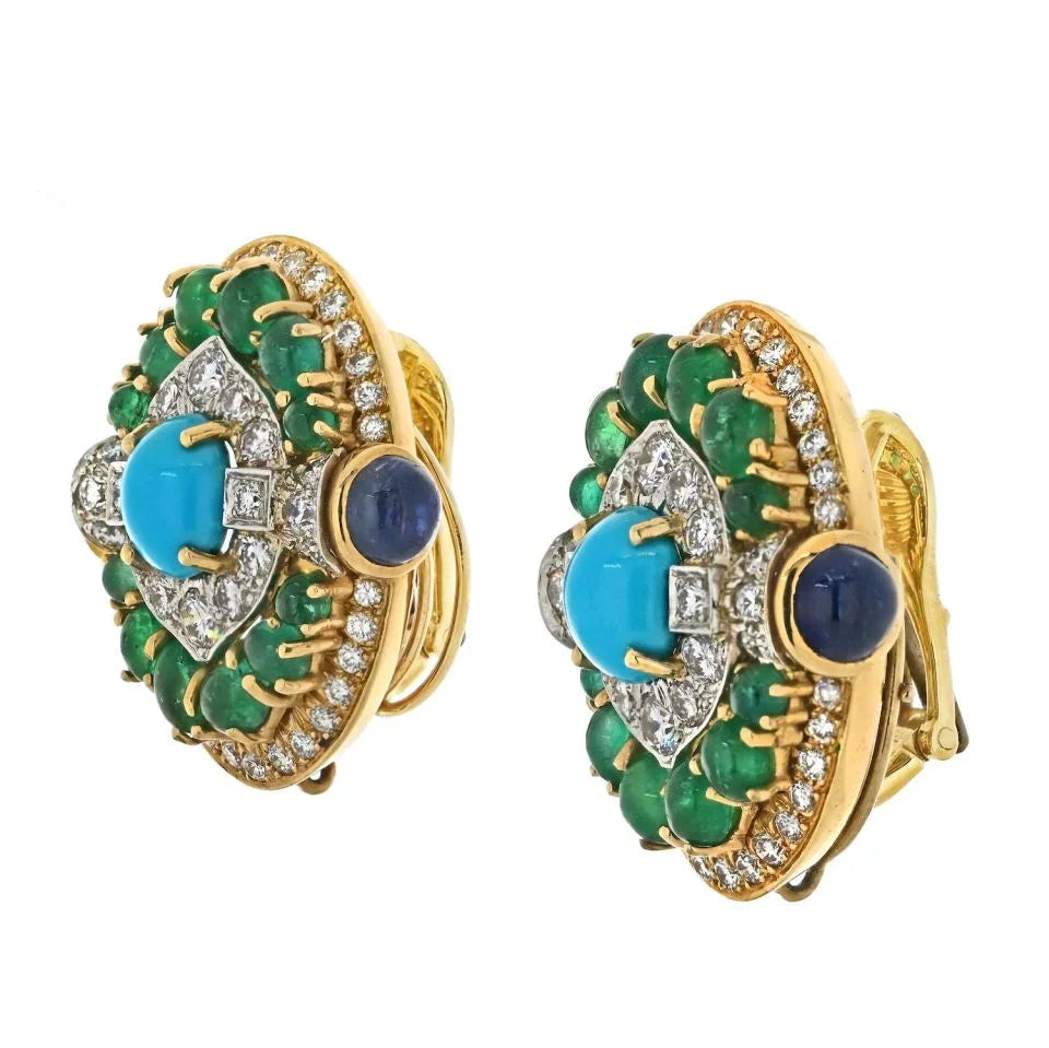 David Webb Platinum & 18K Yellow Gold Turquoise Emerald And Diamond Clip Earrings — view 2 — Laura Milman New York
