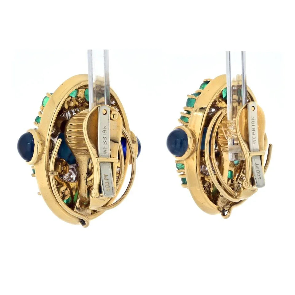 David Webb Platinum & 18K Yellow Gold Turquoise Emerald And Diamond Clip Earrings — view 3 — Laura Milman New York