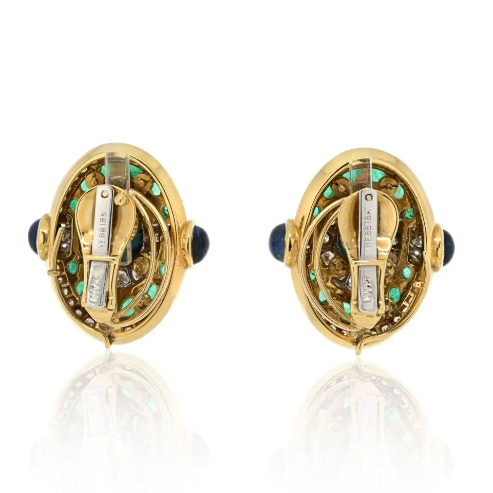 David Webb Platinum & 18K Yellow Gold Turquoise Emerald And Diamond Clip Earrings — view 4 — Laura Milman New York