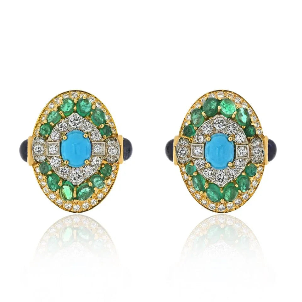David Webb Platinum & 18K Yellow Gold Turquoise Emerald And Diamond Clip Earrings — Laura Milman New York