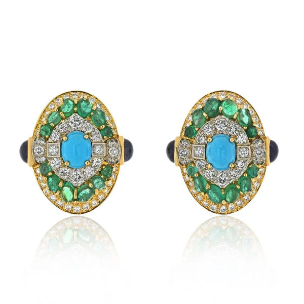 David Webb Platinum & 18K Yellow Gold Turquoise Emerald And Diamond Clip Earrings
