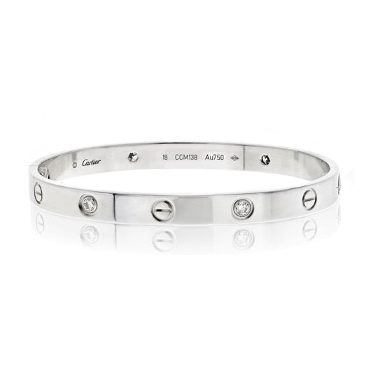 Cartier 18K White Gold Love Bangle with Four Diamonds, Size 18